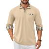 COOFANDY Men’s Polo Shirt Long Sleeve Casual Button Polo Tee Plaid Collared Golg Shirt with Pocket(Khaki)