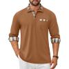 COOFANDY Men’s Polo Shirt Long Sleeve Casual Button Polo Tee Plaid Collared Golg Shirt with Pocket(Light Brown)
