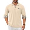 COOFANDY Men’s Polo Shirt Long Sleeve Casual Button Polo Tee Plaid Collared Golg Shirt with Pocket(Light Khaki)