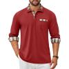 COOFANDY Men’s Polo Shirt Long Sleeve Casual Button Polo Tee Plaid Collared Golg Shirt with Pocket(Red)