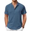COOFANDY Men’s Shirt Short Sleeve Hippie Casual Linen Band Collar Summer Beach Shirts Dark Blue