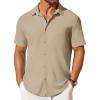 COOFANDY Men’s Short Sleeve Button Down Shirt Casual Summer Beach Shirt Waffle Knit Shirts Wrinkle Free Untucked Shirt(Khaki)