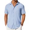 COOFANDY Men’s Short Sleeve Button Down Shirt Casual Summer Beach Shirt Waffle Knit Shirts Wrinkle Free Untucked Shirt(Light Blue)
