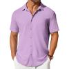 COOFANDY Men’s Short Sleeve Button Down Shirt Casual Summer Beach Shirt Waffle Knit Shirts Wrinkle Free Untucked Shirt(Light Purple)