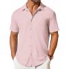 COOFANDY Men’s Short Sleeve Button Down Shirt Casual Summer Beach Shirt Waffle Knit Shirts Wrinkle Free Untucked Shirt(Pink)