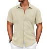 COOFANDY Men’s Short Sleeve Button Down Shirt Casual Summer Beach Untucked Vacation Textured Shirts with Pocket(Dark Khaki)