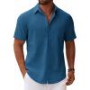 COOFANDY Men’s Short Sleeve Button Down Shirt Casual Summer Beach Untucked Vacation Textured Shirts with Pocket(Sea Blue)