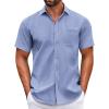 COOFANDY Mens Short Sleeve Casual Button Down Shirts Summer Untucked Dress Shirts with Pocket(White Stripe-blue)