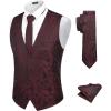 COOFANDY Men’s Suit Vest Tie Set 3PC Paisley Jacquard Waistcoat and Necktie Pocket Square for Holiday Party Wedding(Wine Red)