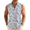 COOFANDY Men’s Summer Beach Tank Tops Sleeveless Button Up Shirt Casual Textured Tank Shirts(White Black Leaf)