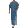 COOFANDY Men’s V-Neck Linen Robe Short Sleeve Kaftan Thobe Long Gown Casual Shirt for Beach, Summer(Blue)