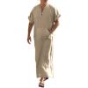 COOFANDY Men’s V-Neck Linen Robe Short Sleeve Kaftan Thobe Long Gown Casual Shirt for Beach, Summer(Khaki)