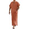 COOFANDY Men’s V-Neck Linen Robe Short Sleeve Kaftan Thobe Long Gown Casual Shirt for Beach, Summer(Light Brown)