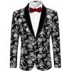 COOFANDY Men’s Velvet Tuxedo Floral Blazer Jacket One Button Shawl Lapel Suit Jacket for Dinner Prom Party Wedding(Silver)