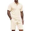 COOFANDY Men’s Waffle Knit Polo Shirt and Shorts Set 2 Pieces Outfits Summer Suit Casual Tracksuit with Pockets(Beige)