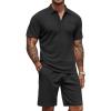 COOFANDY Men’s Waffle Knit Polo Shirt and Shorts Set 2 Pieces Outfits Summer Suit Casual Tracksuit with Pockets(Black)