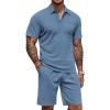 COOFANDY Men’s Waffle Knit Polo Shirt and Shorts Set 2 Pieces Outfits Summer Suit Casual Tracksuit with Pockets(Blue)