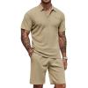 COOFANDY Men’s Waffle Knit Polo Shirt and Shorts Set 2 Pieces Outfits Summer Suit Casual Tracksuit with Pockets(Khaki)