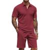 COOFANDY Men’s Waffle Knit Polo Shirt and Shorts Set 2 Pieces Outfits Summer Suit Casual Tracksuit with Pockets(Wine Red)