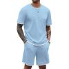 COOFANDY Men’s Waffle Shirt and Shorts Set 2 Piece Outfits Casual Summer Tracksuits Set with Pockets(Light Blue)