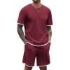COOFANDY Men’s Waffle Shirt and Shorts Set 2 Piece Outfits Casual Summer Tracksuits Set with Pockets(Wine Red)