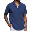 COOFANDY Men’s Wrinkle Free Untucked Cuban Shirt Business Casual Button Down Shirts Short Sleeve Shirt(Navy Blue)
