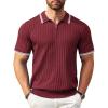 COOFANDY Men’s Zipper Polo Shirt Casual Knit Short Sleeve Polo T Shirt Classic Fit Shirts(Striped Wine Red Striped)
