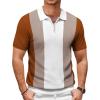 COOFANDY Men’s Zipper Polo Shirt Casual Knit Short Sleeve Polo T Shirt Classic Fit Shirts(Stripes – Brown & White)