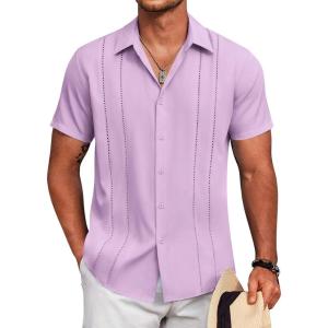 COOFANDY Men’s Cuban Guayabera Shirt Short Sleeve Button Down Shirts Casual Summer Beach Linen Shirts(Light Purple)