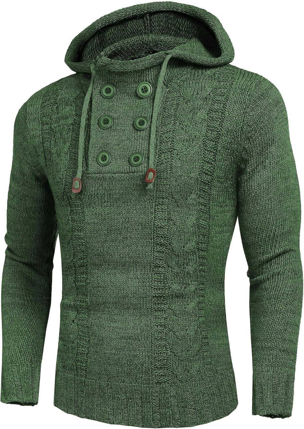 imageCOOFANDY Men Knitted Hoodies Pullover Casual Long Sleeve Slim Fit Turtleneck SweatersGreen
