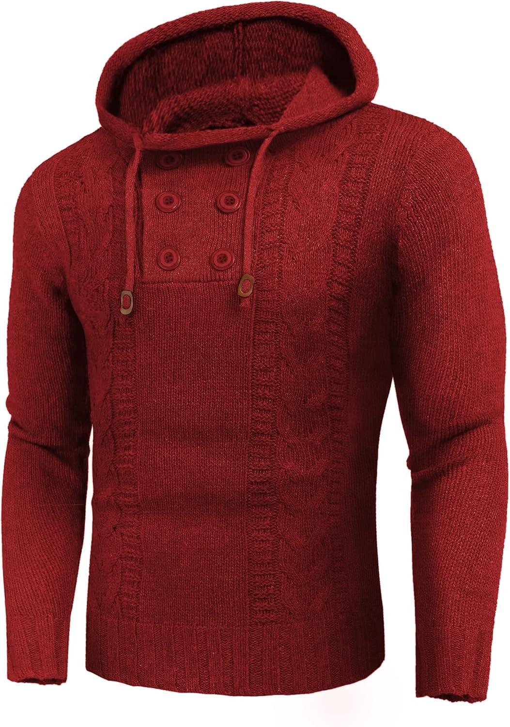 imageCOOFANDY Men Knitted Hoodies Pullover Casual Long Sleeve Slim Fit Turtleneck SweatersRed