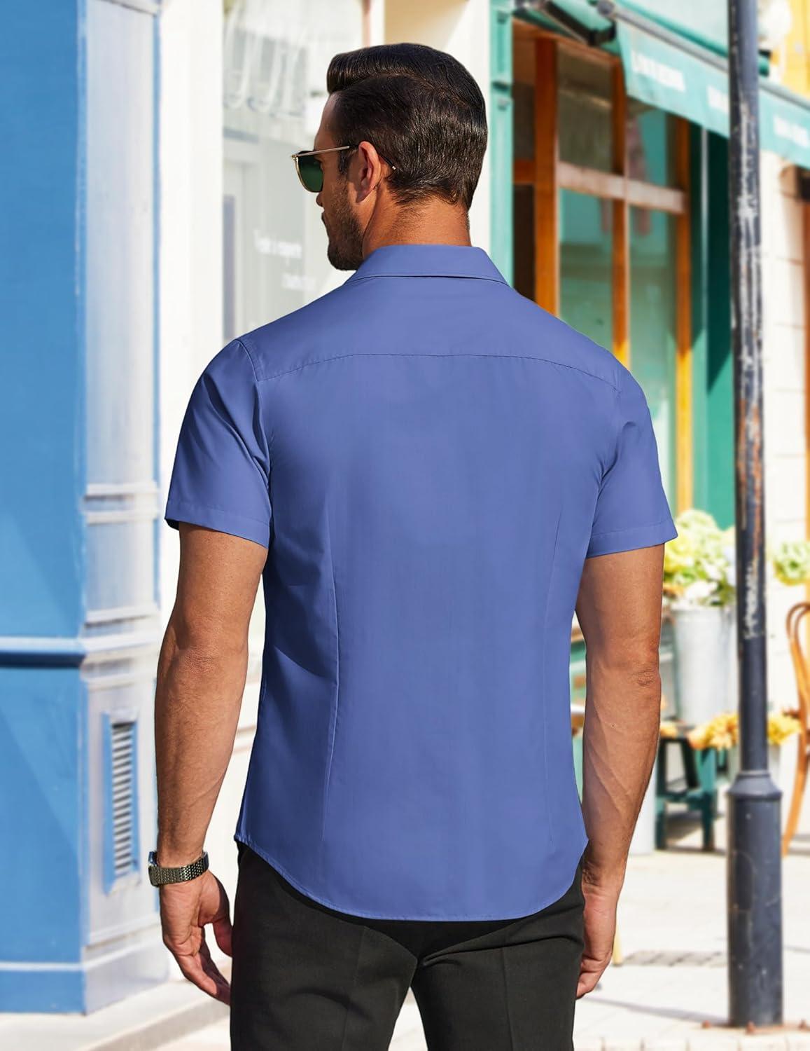 imageCOOFANDY Mens Casual Button Down Shirts Short Sleeve Summer Beach Vacation Untucked Dress Shirts with PocketGray Blue