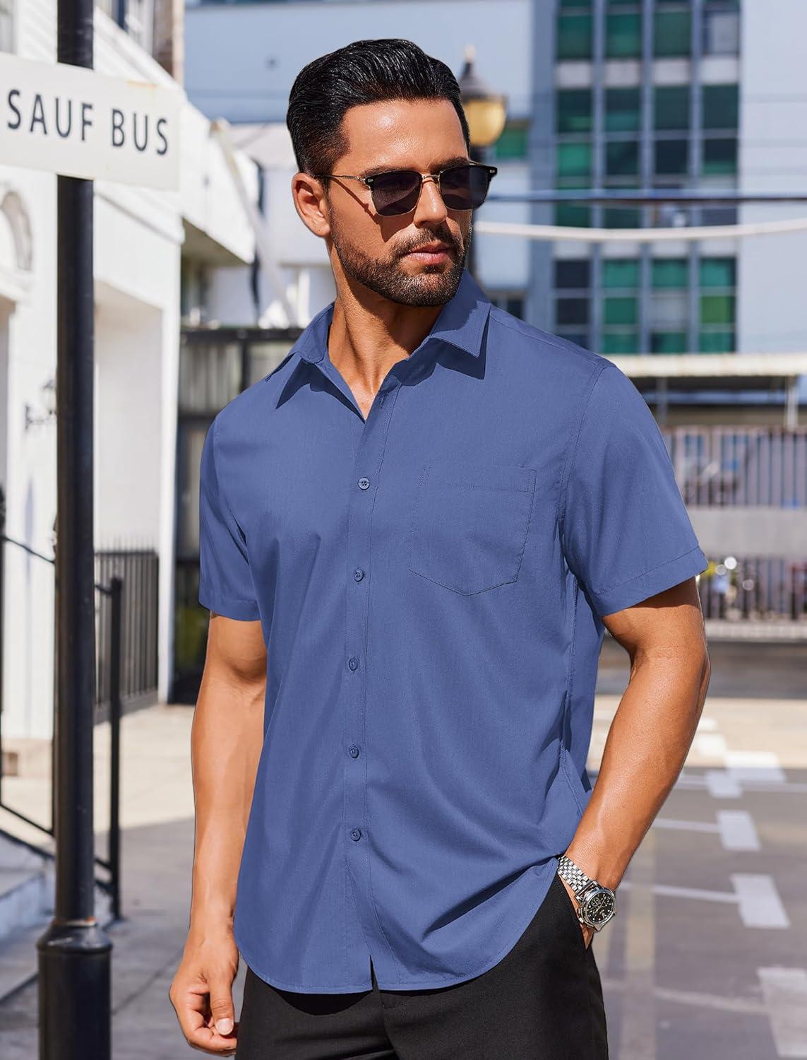 imageCOOFANDY Mens Casual Button Down Shirts Short Sleeve Summer Beach Vacation Untucked Dress Shirts with PocketGray Blue