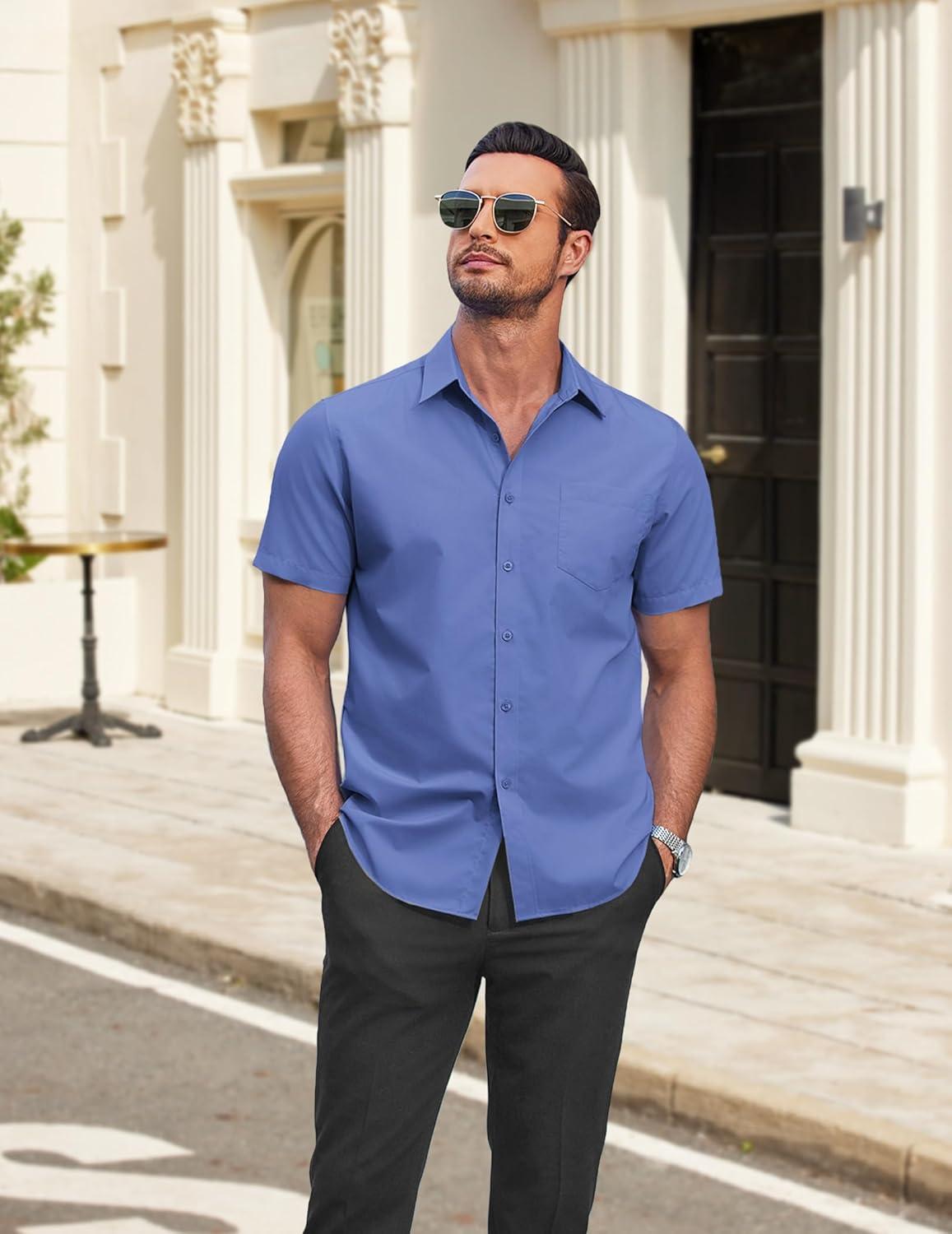 imageCOOFANDY Mens Casual Button Down Shirts Short Sleeve Summer Beach Vacation Untucked Dress Shirts with PocketGray Blue