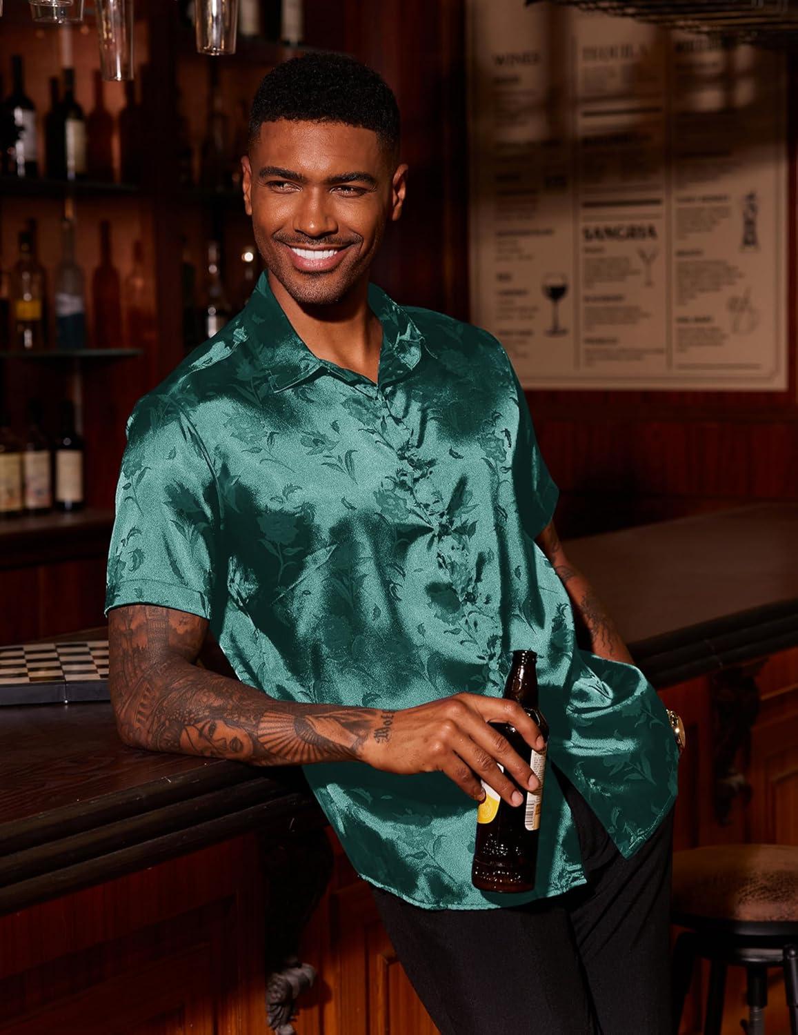 imageCOOFANDY Mens Casual Button Down Shirts Short Sleeve Summer Beach Vacation Untucked Dress Shirts with PocketGreen