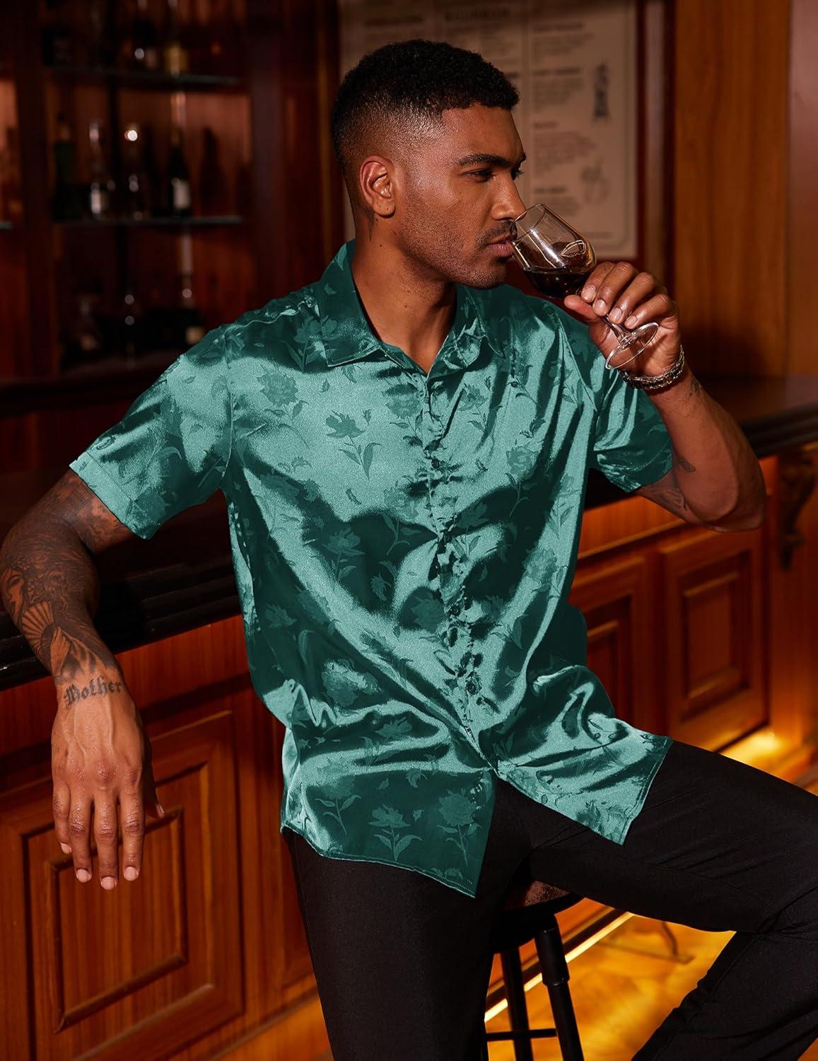 imageCOOFANDY Mens Casual Button Down Shirts Short Sleeve Summer Beach Vacation Untucked Dress Shirts with PocketGreen