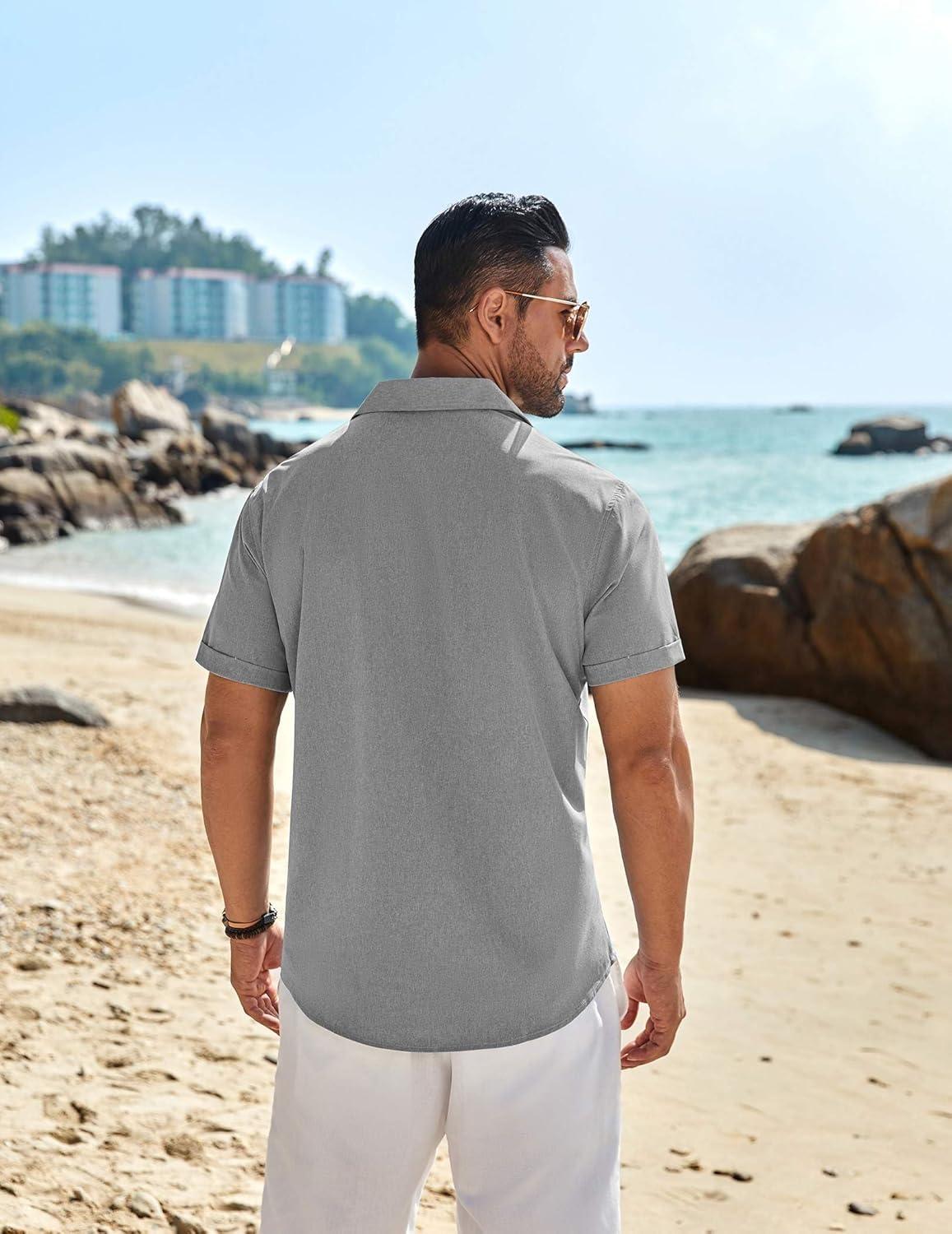 imageCOOFANDY Mens Casual Button Down Shirts Short Sleeve Summer Beach Vacation Untucked Dress Shirts with PocketGrey
