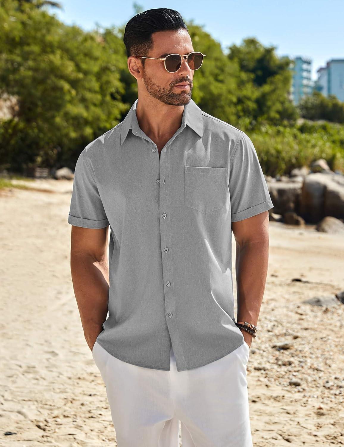 imageCOOFANDY Mens Casual Button Down Shirts Short Sleeve Summer Beach Vacation Untucked Dress Shirts with PocketGrey