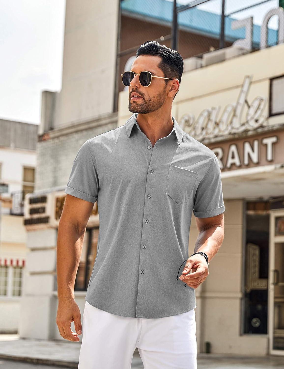 imageCOOFANDY Mens Casual Button Down Shirts Short Sleeve Summer Beach Vacation Untucked Dress Shirts with PocketGrey