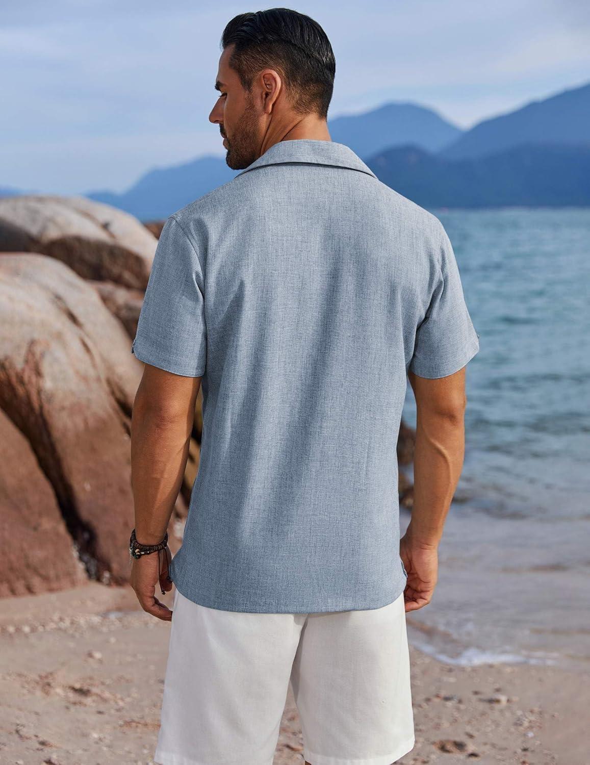 imageCOOFANDY Mens Casual Button Down Shirts Short Sleeve Summer Beach Vacation Untucked Dress Shirts with PocketLight Denim Blue