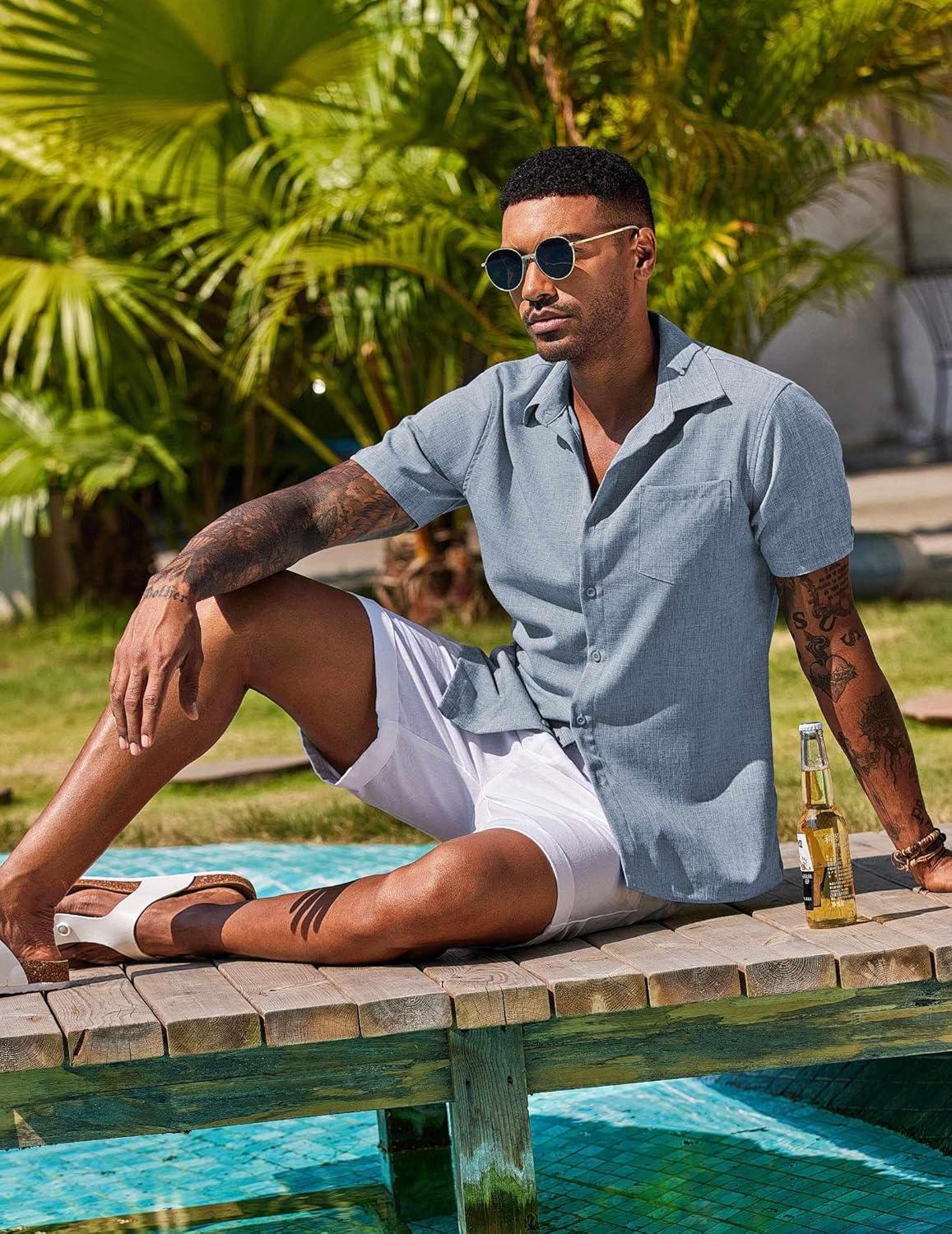 imageCOOFANDY Mens Casual Button Down Shirts Short Sleeve Summer Beach Vacation Untucked Dress Shirts with PocketLight Denim Blue