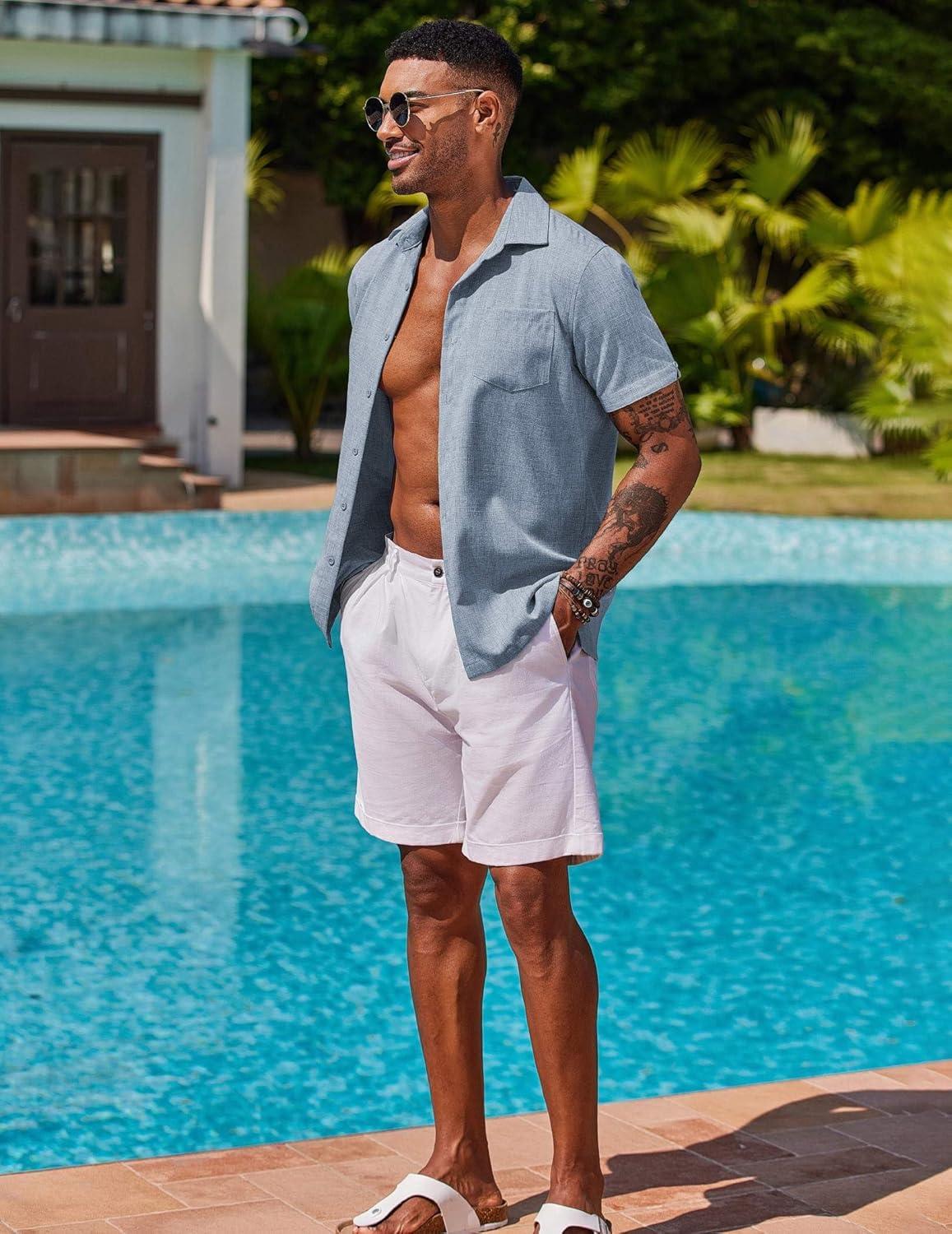 imageCOOFANDY Mens Casual Button Down Shirts Short Sleeve Summer Beach Vacation Untucked Dress Shirts with PocketLight Denim Blue