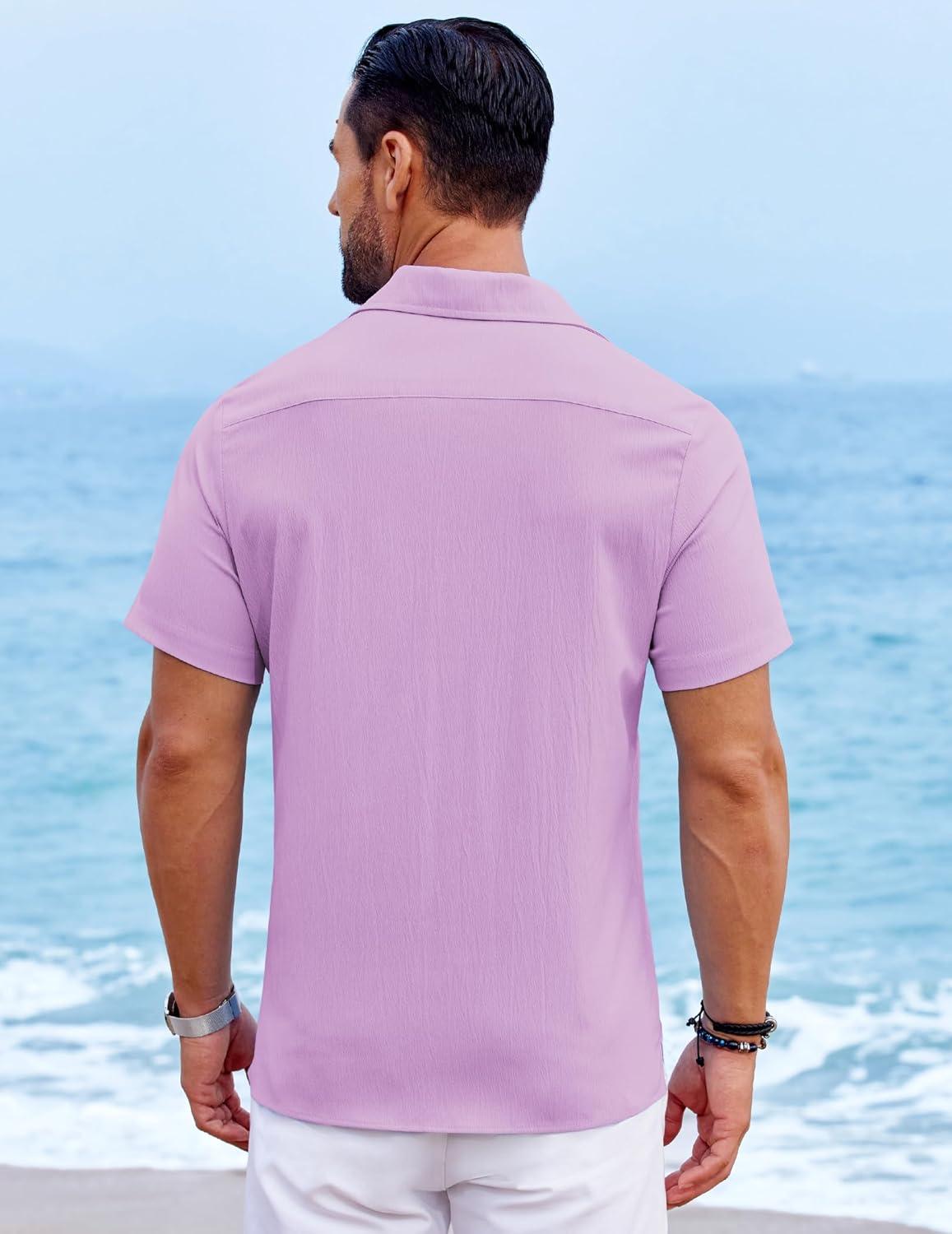 imageCOOFANDY Mens Casual Button Down Shirts Short Sleeve Summer Beach Vacation Untucked Dress Shirts with PocketLight Purple