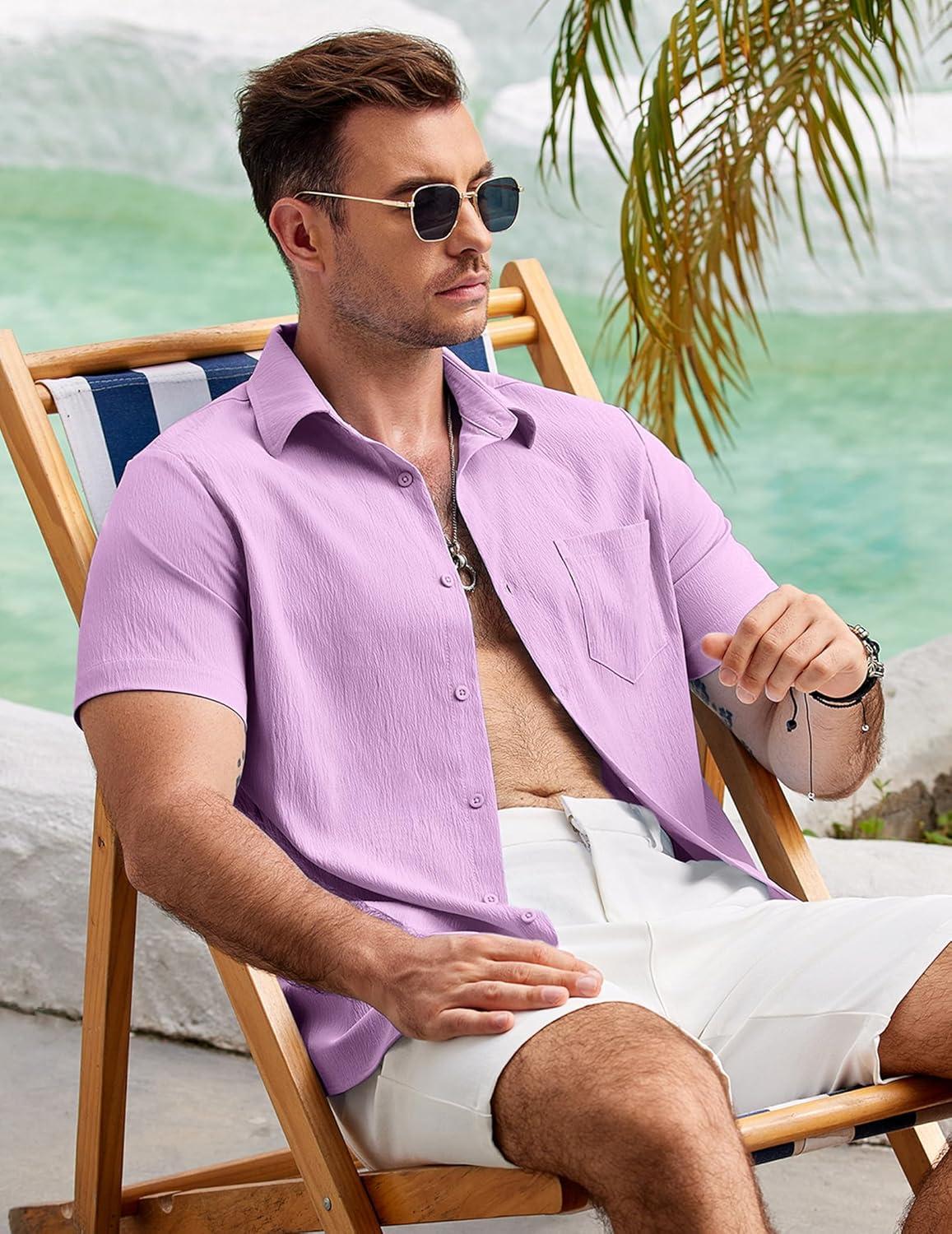 imageCOOFANDY Mens Casual Button Down Shirts Short Sleeve Summer Beach Vacation Untucked Dress Shirts with PocketLight Purple