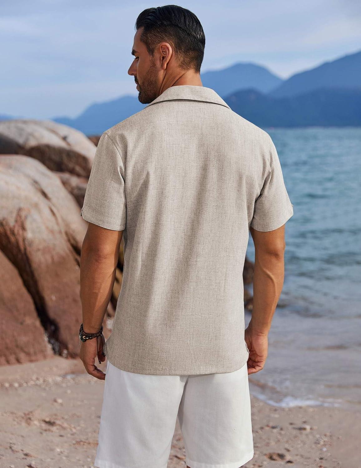 imageCOOFANDY Mens Casual Button Down Shirts Short Sleeve Summer Beach Vacation Untucked Dress Shirts with PocketStone