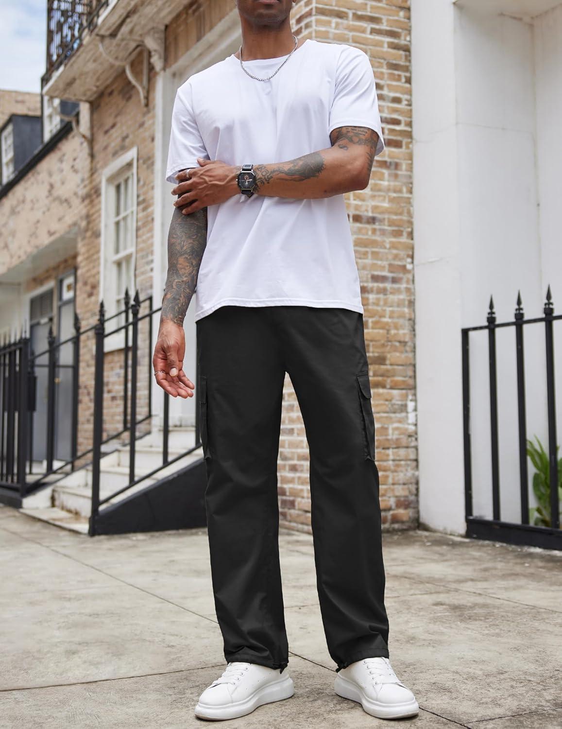 imageCOOFANDY Mens Casual Cargo Pants Cotton Drawstring Athletic Jogger SweatpantsBlack