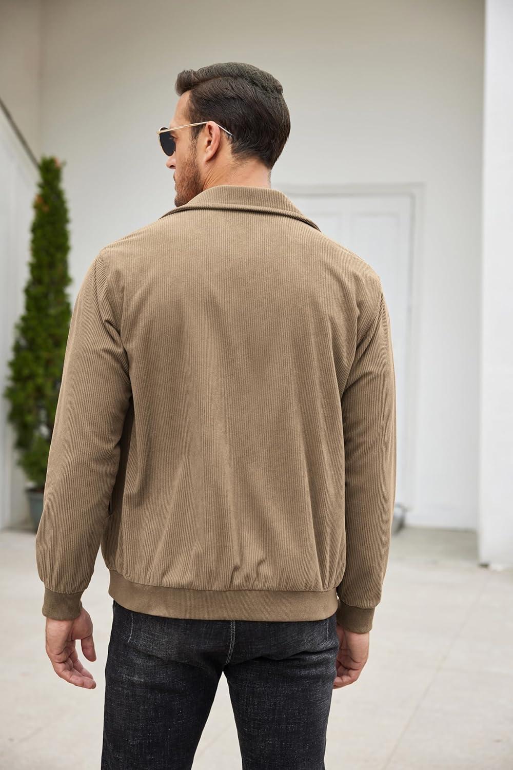 imageCOOFANDY Mens Casual Corduroy Jacket Lightweight Zip Up Vintage Jacket Collared Bomber JacketAkhaki