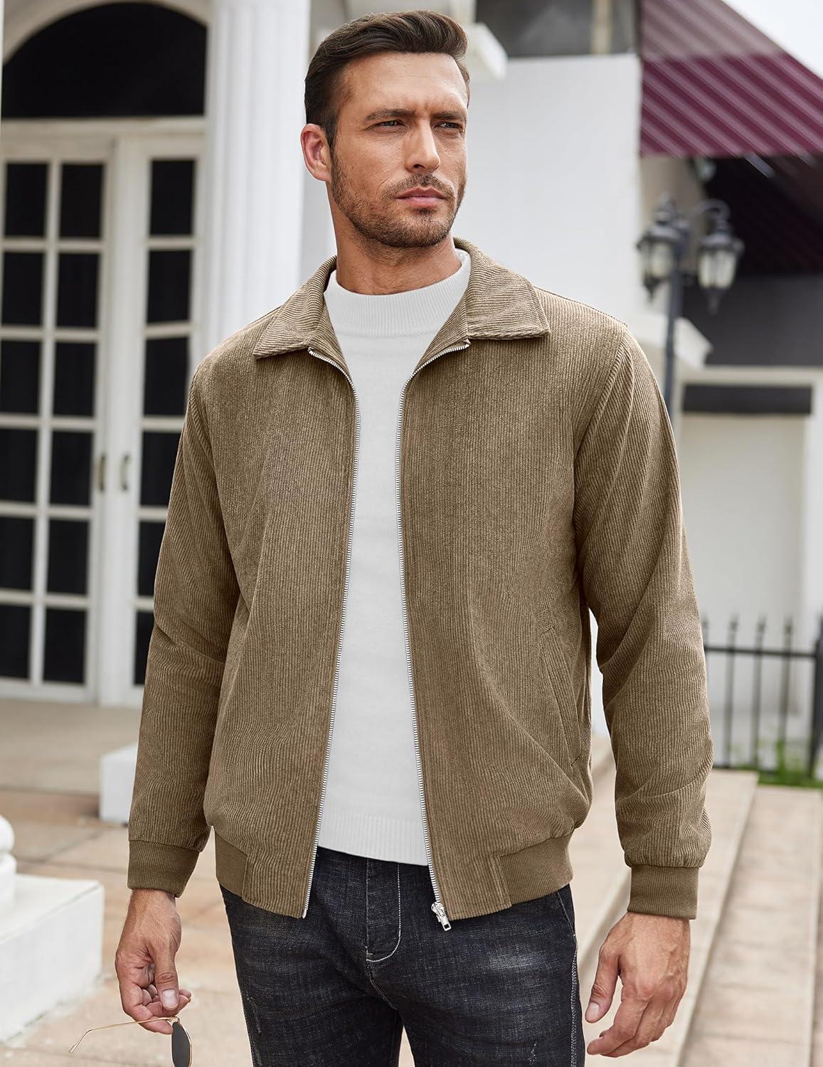 imageCOOFANDY Mens Casual Corduroy Jacket Lightweight Zip Up Vintage Jacket Collared Bomber JacketAkhaki