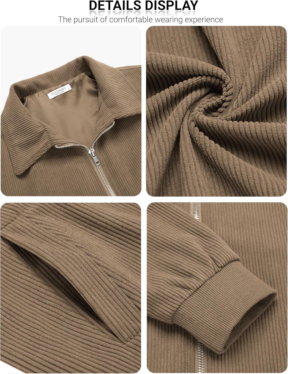 imageCOOFANDY Mens Casual Corduroy Jacket Lightweight Zip Up Vintage Jacket Collared Bomber JacketAkhaki