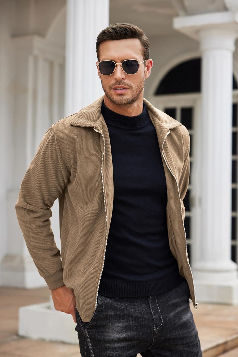 imageCOOFANDY Mens Casual Corduroy Jacket Lightweight Zip Up Vintage Jacket Collared Bomber JacketAkhaki